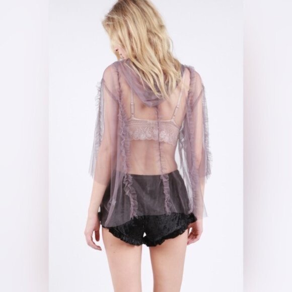 POL | Festival 3/4 Wide Sleeve Sheer Mesh Top Ruffle Hood Tassel Lavender Small - Picture 9 of 15